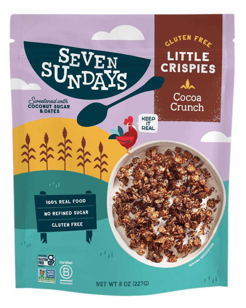 Seven Sundays Little Crispies in Cocoa Crunch flavor in orange, green, and purple packaging
