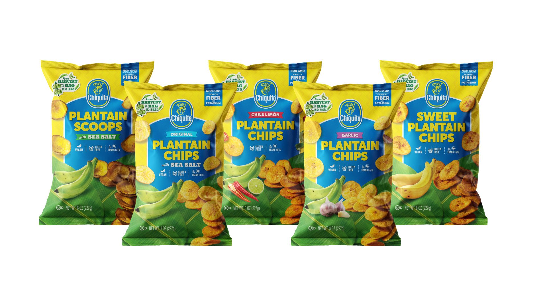 Five bags of Chiquita Plantain Chips: Sea Salt Scoops, Original, Chile Limón, Garlic, Sweet.