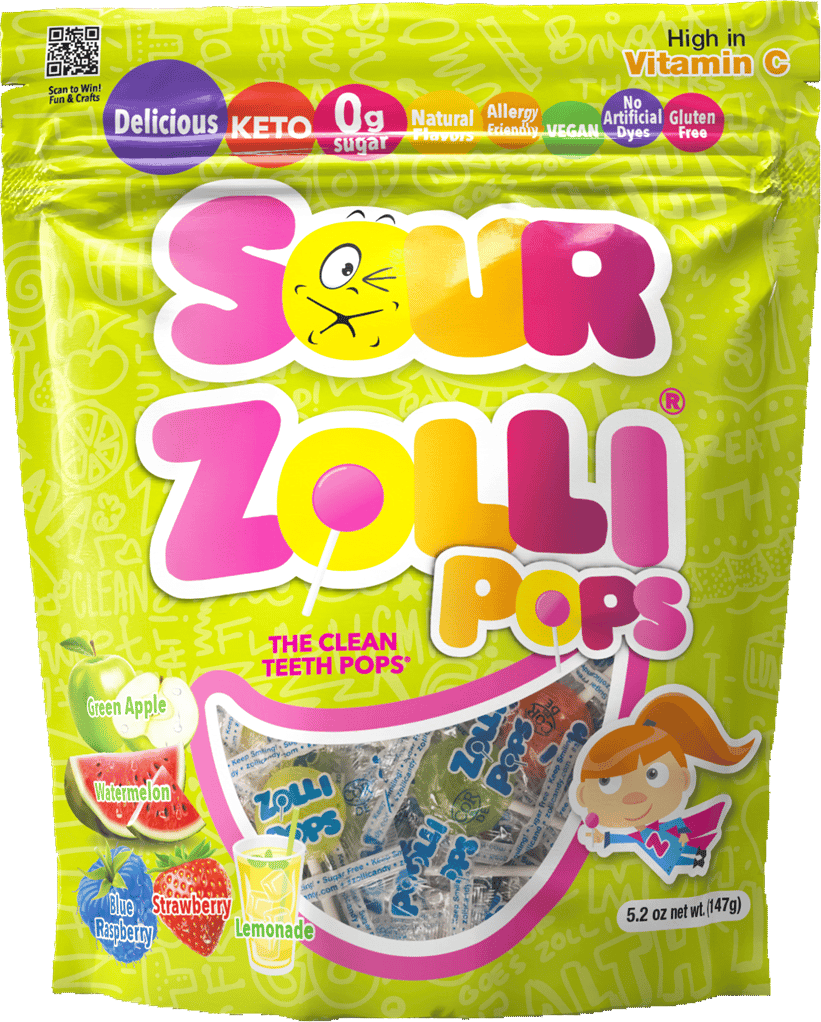 Sour Zolli Pops in pink and green packaging.
