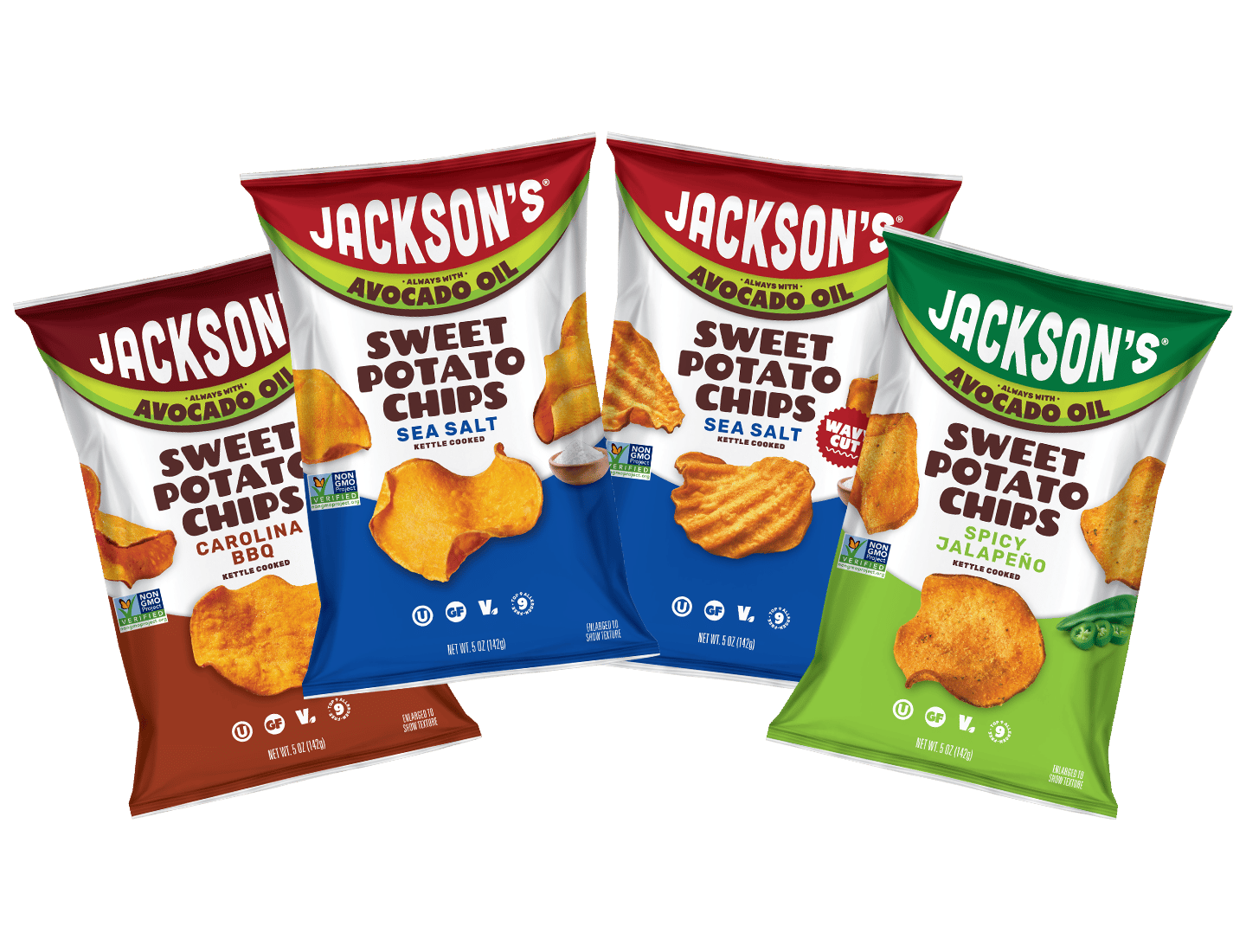 Four bags of Jackson's Sweet Potato Chips in Carolina BBQ, Sea Salt, and Spicy Jalapeño flavors.