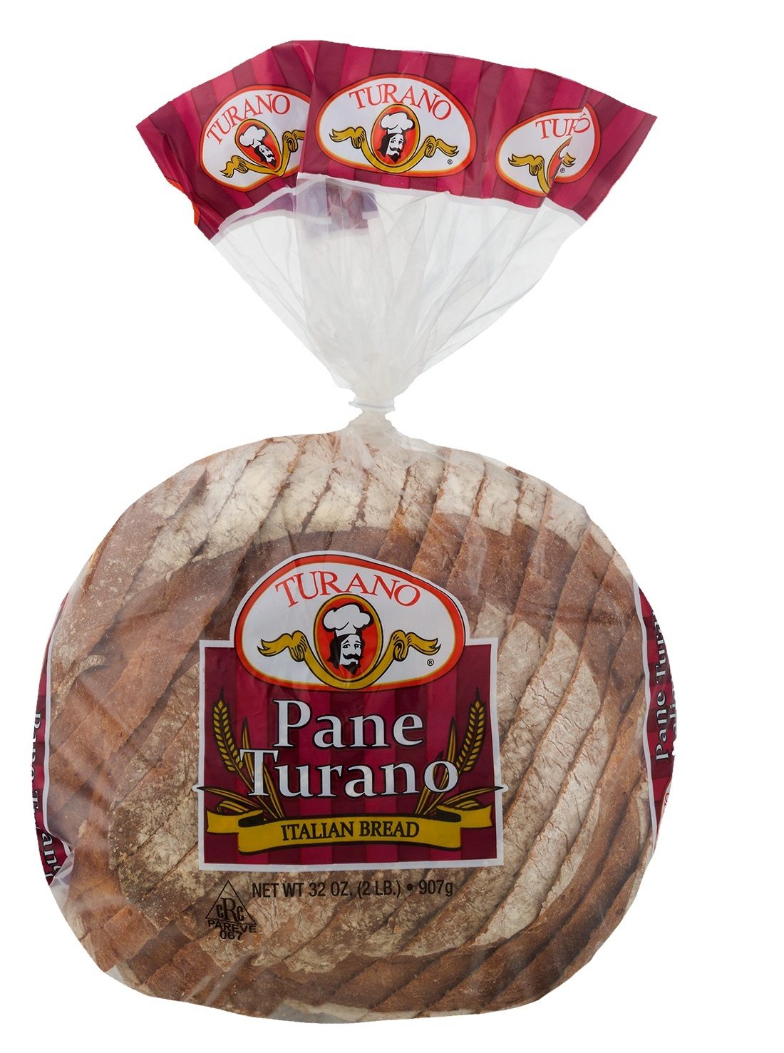 Sliced Turano Italian bread in a clear bag with a red and gold label.