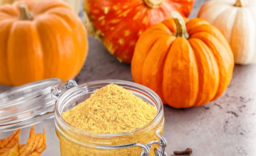 Pumpkin powder, Orange, Pumpkins, Glass container, Table