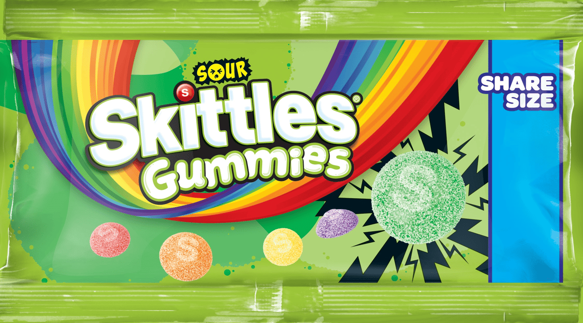 Skittles Sour Gummies Share Size bag with rainbow design and colorful sour candies.