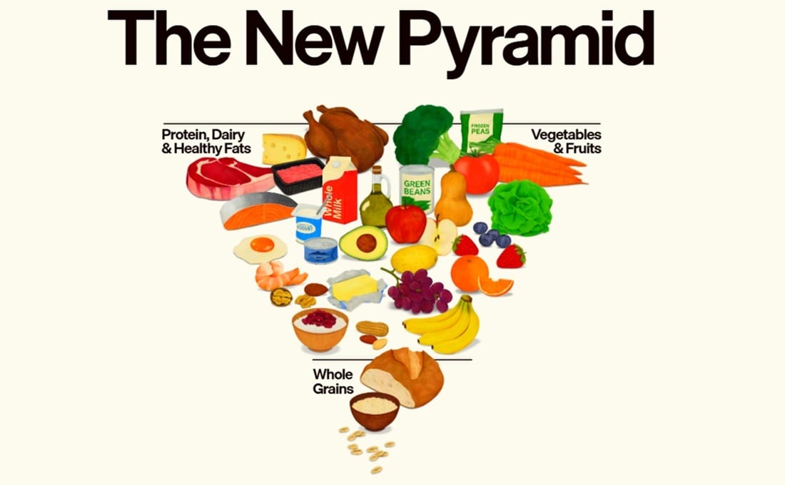 'The New Pyramid' food guide showing protein, dairy, healthy fats, vegetables, fruits, and whole grains.