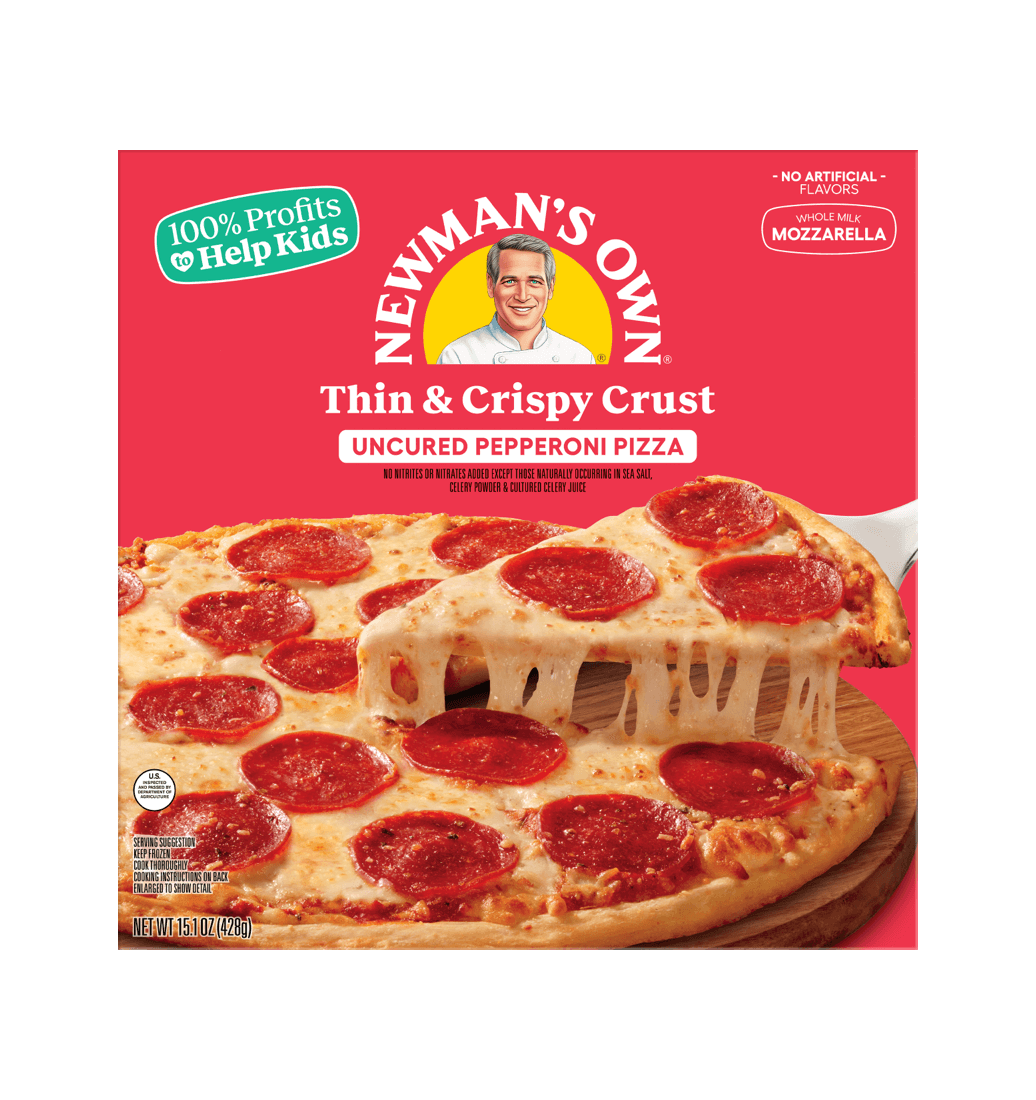 Newman's Own Thin & Crispy Uncured Pepperoni Pizza box, showing a cheesy slice lifted.