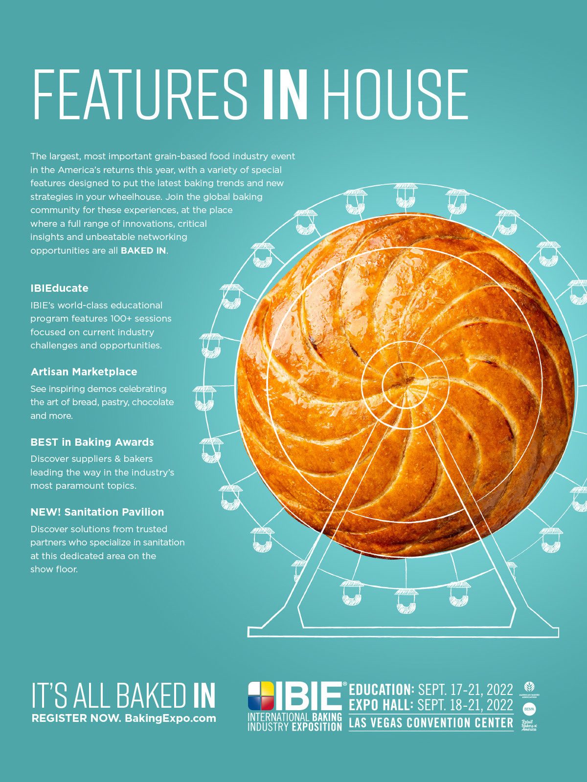 Advertisement, Full-page ad, Teal background, Ferris wheel, Round spiral loaf of bread