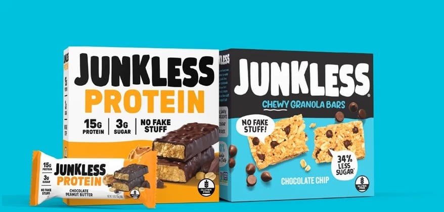 Junkless Protein & Chewy Granola Bars, touting 'no fake stuff', high protein, and less sugar.