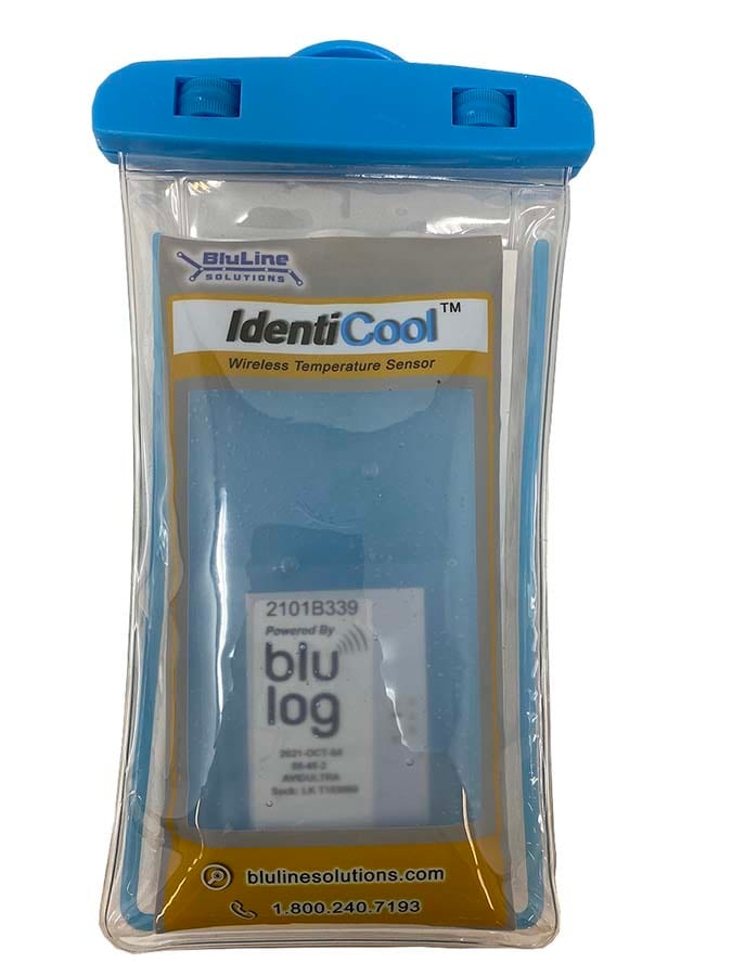 Temperature sensor, Plastic bag, Blue gel, Plastic hanger, Label