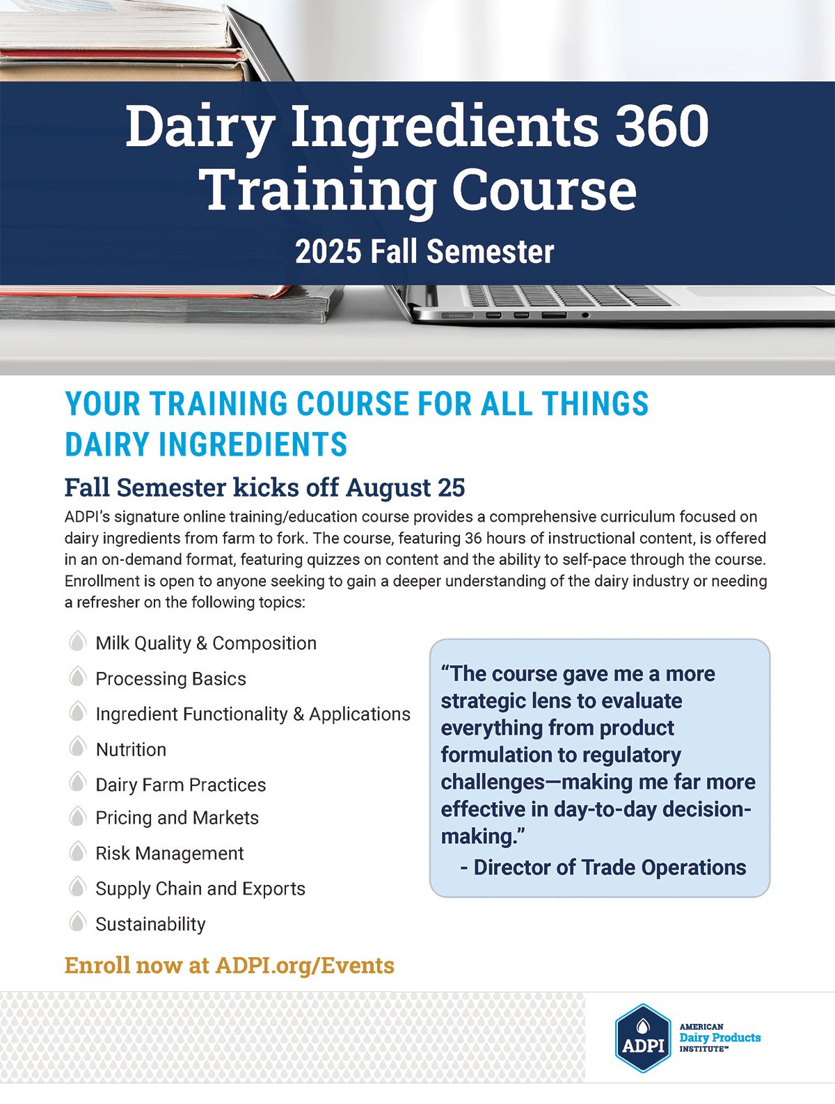 ADPI Dairy Ingredients 360 Training Course flyer, Fall 2025 online. Enroll at ADPI.org/Events.