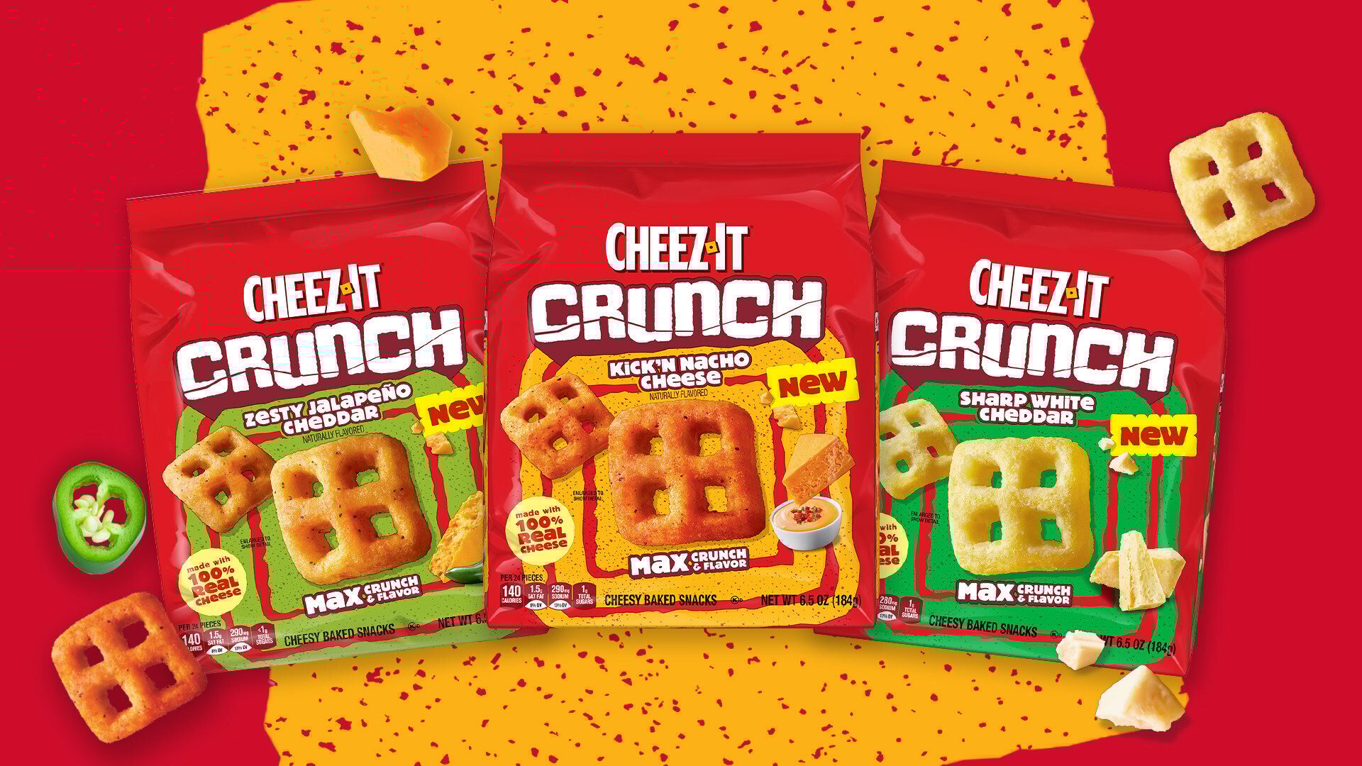 Three new Cheez-It Crunch snack bags: Zesty Jalapeño, Kick'n Nacho, and Sharp White Cheddar.
