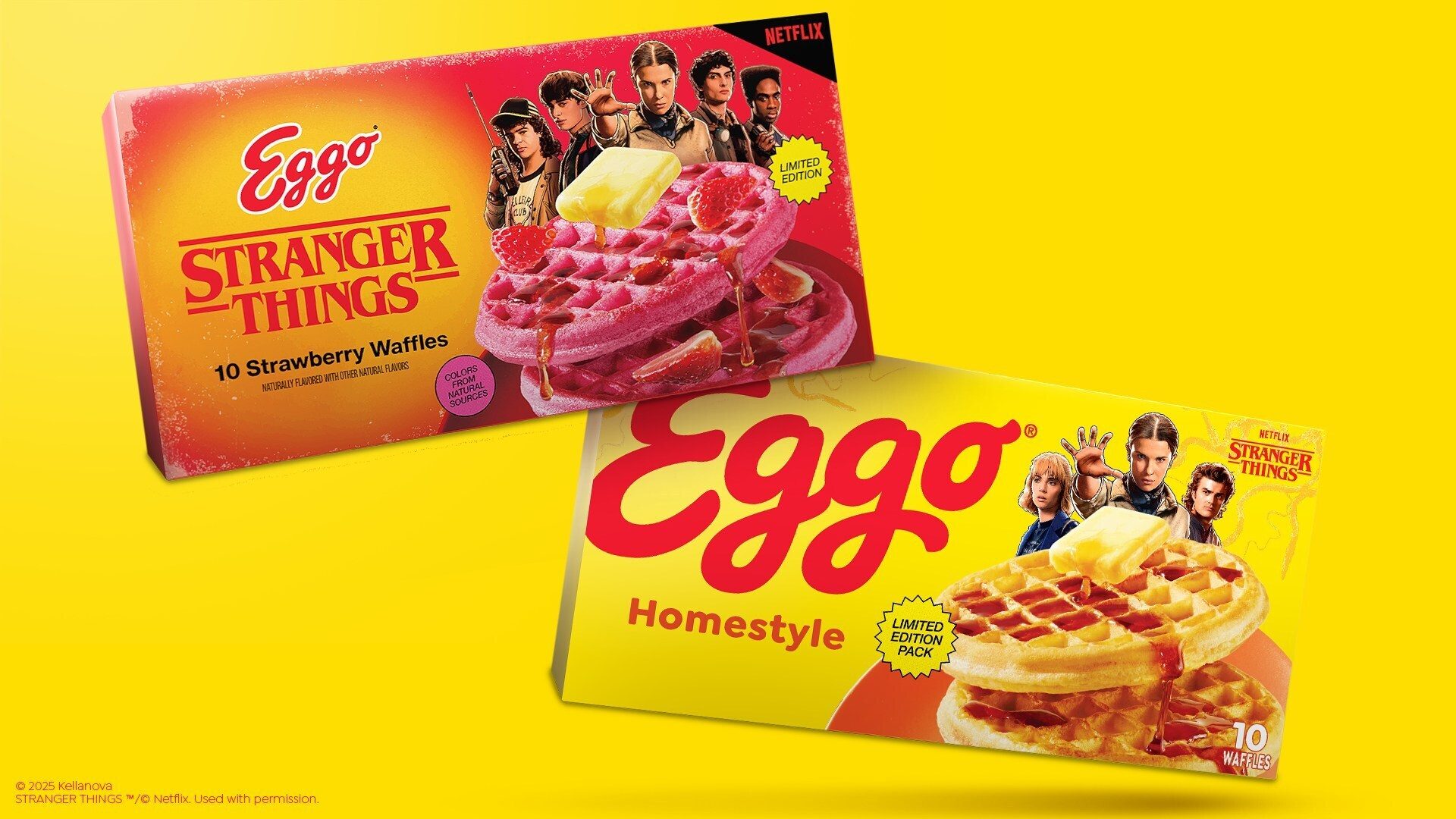 Two "Stranger Things" themed Eggo waffle boxes (strawberry and homestyle) on a yellow background.