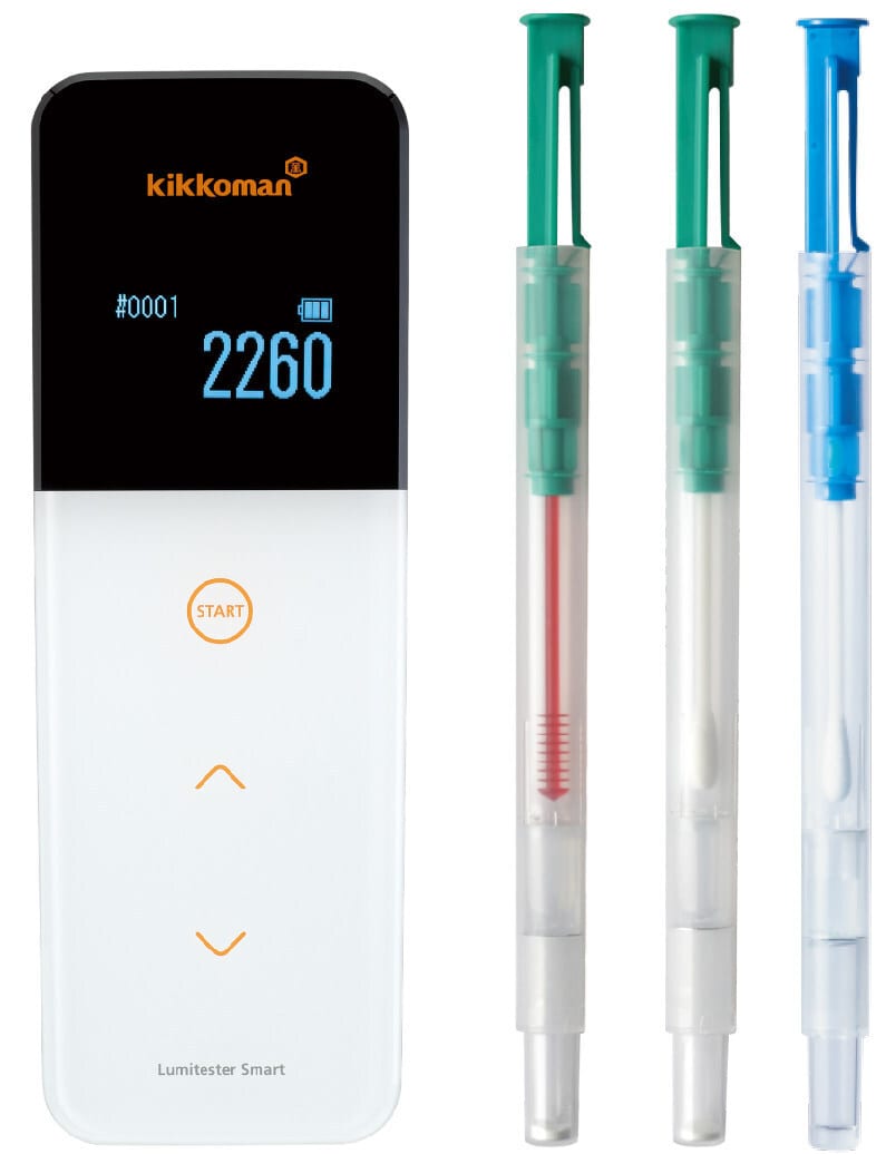 Kikkoman Lumitester Smart device showing '2260' and three ATP test swabs.