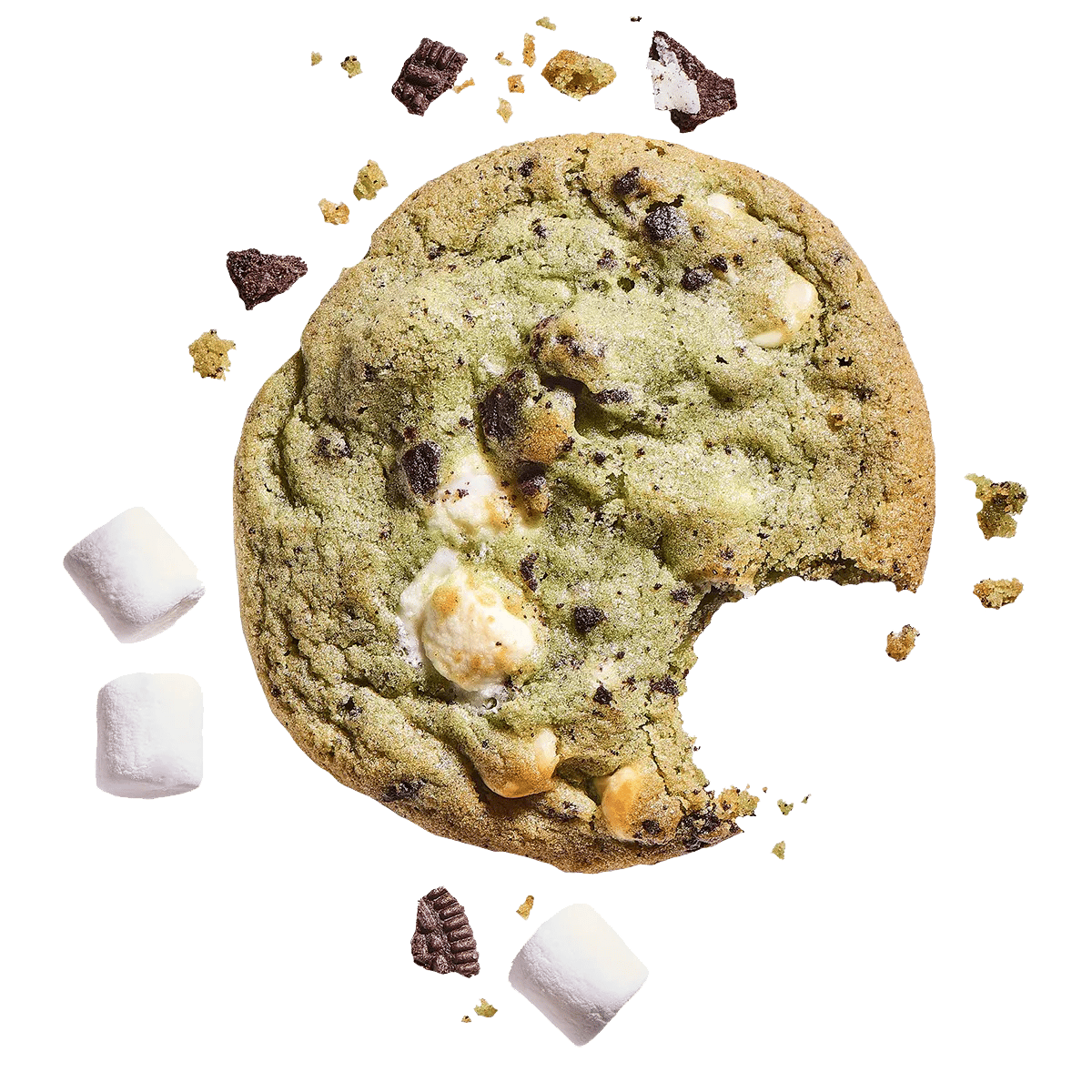 Bitten matcha cookie with marshmallows, dark & white chocolate chips, and crumbs.