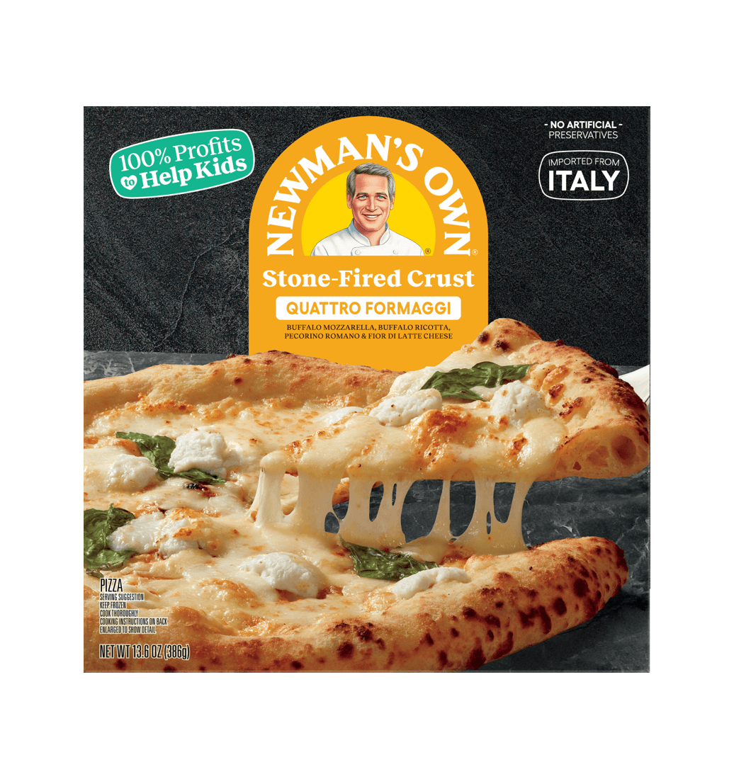 Newman's Own Quattro Formaggi pizza box, cheesy slice, '100% Profits Help Kids', 'Imported from Italy'.