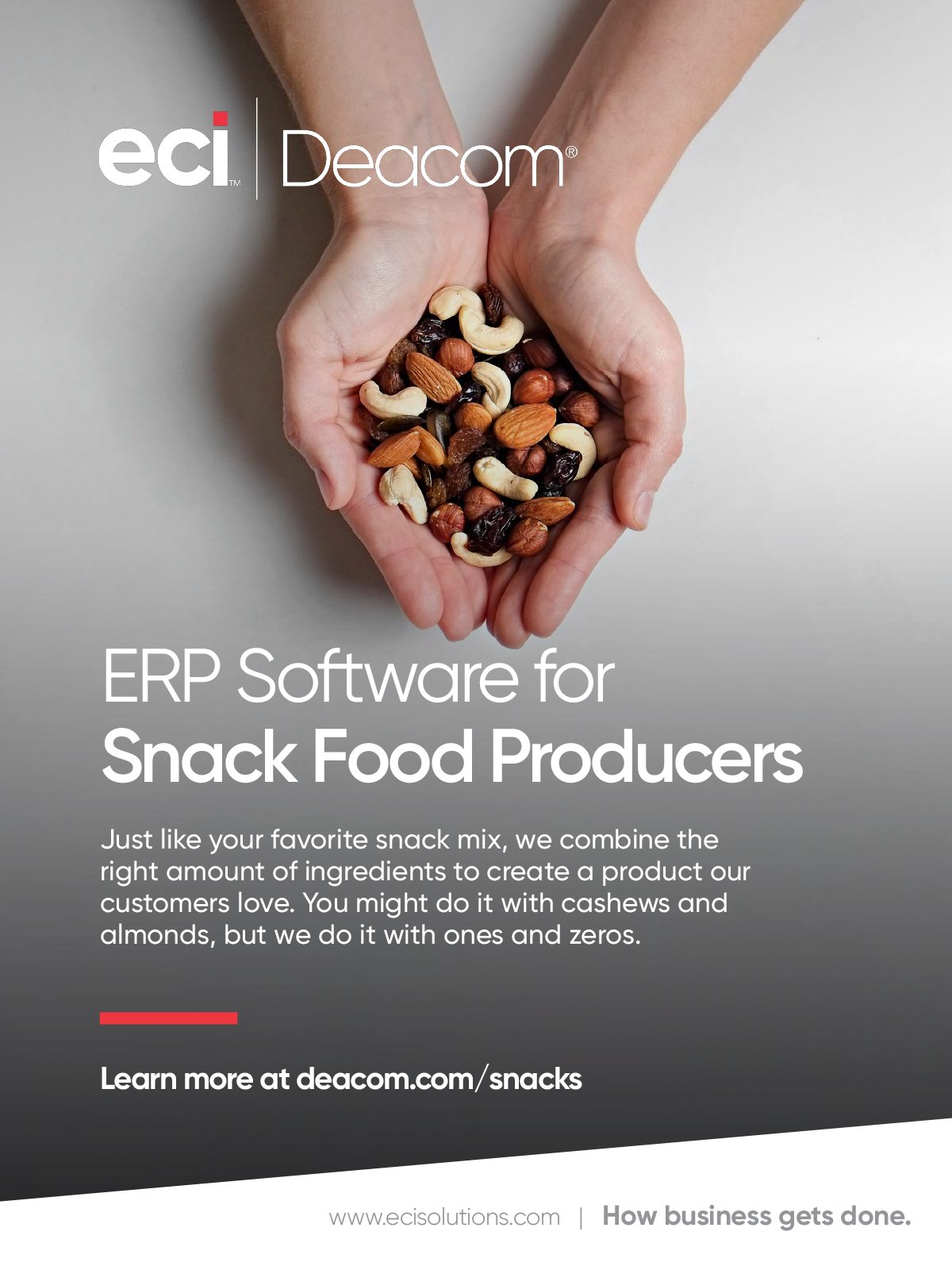 Full page ad, Grey background, Cupped hands, Fruits  nuts, Trail mix, Text
