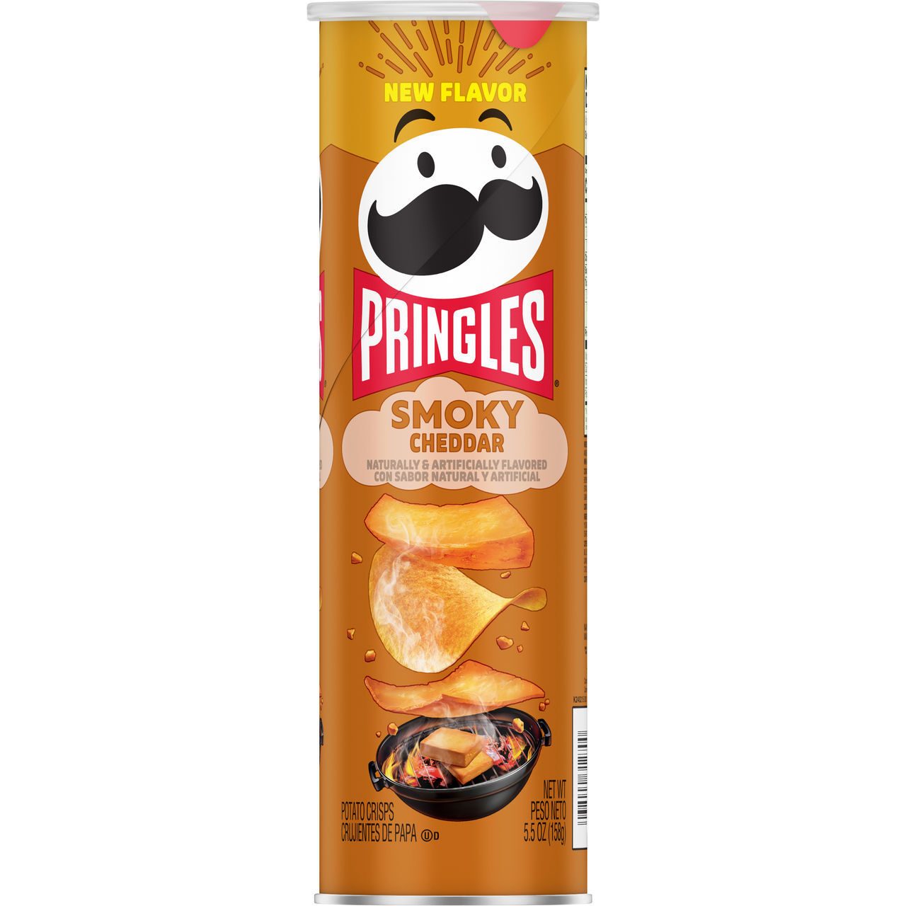 Pringles Smoky Cheddar New Flavor can, 5.5 oz, featuring chips and grilled cheese graphics.