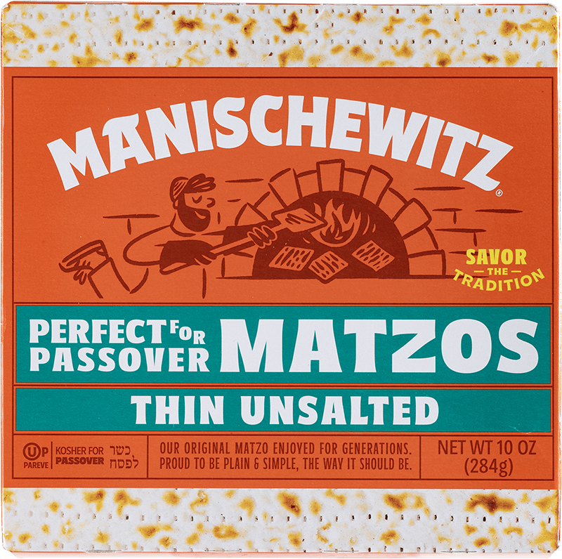 A box of Manischewitz Thin Unsalted Matzos with a man baking illustration and text for Passover.