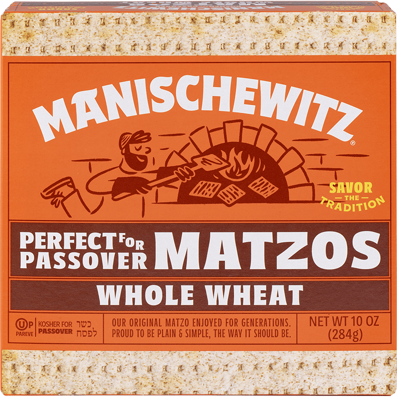 Manischewitz Whole Wheat Matzos box with a baker by an oven, labeled "Perfect for Passover."
