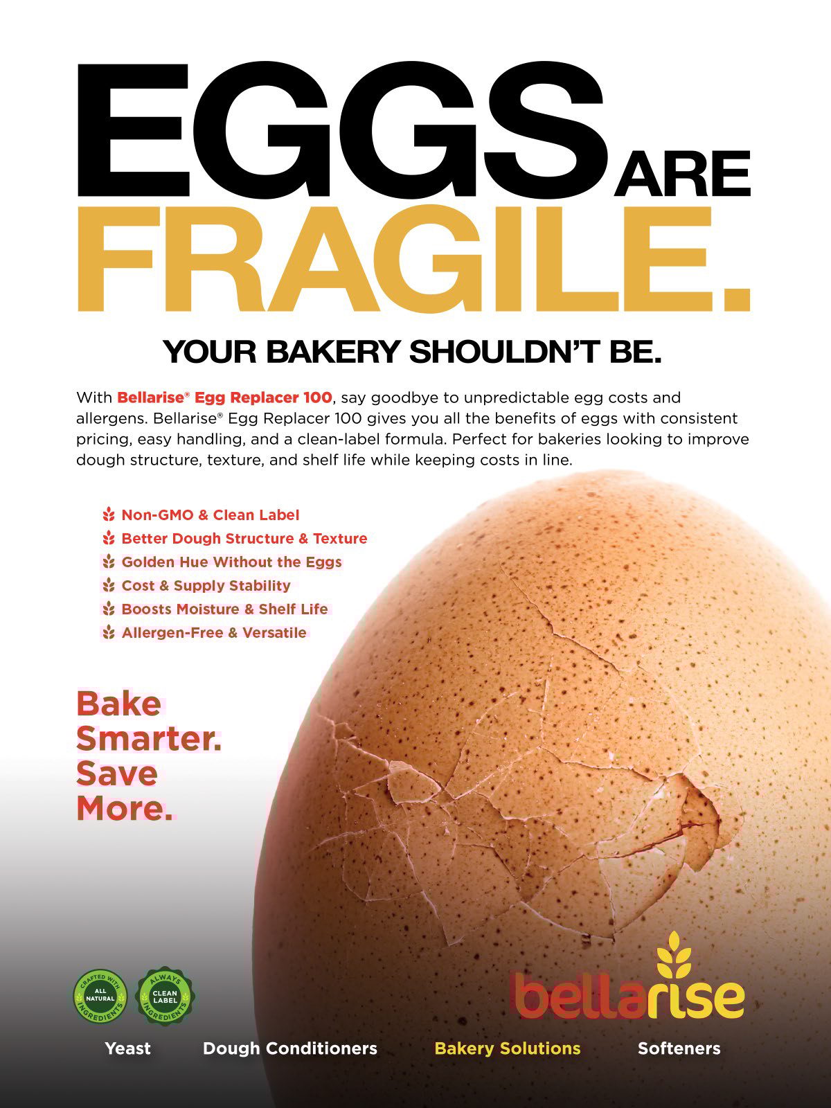 Ad for Bellarise Egg Replacer 100 with a cracked egg, stating "EGGS ARE FRAGILE. YOUR BAKERY SHOULDN'T BE."