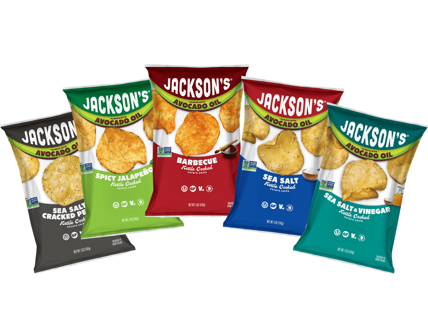 Five bags of Jackson's Kettle Cooked Potato Chips: Sea Salt, Barbecue, Jalapeño, etc.