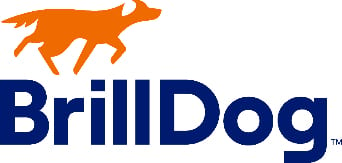 Logo, Font, Dog icon, Blue text, Orange