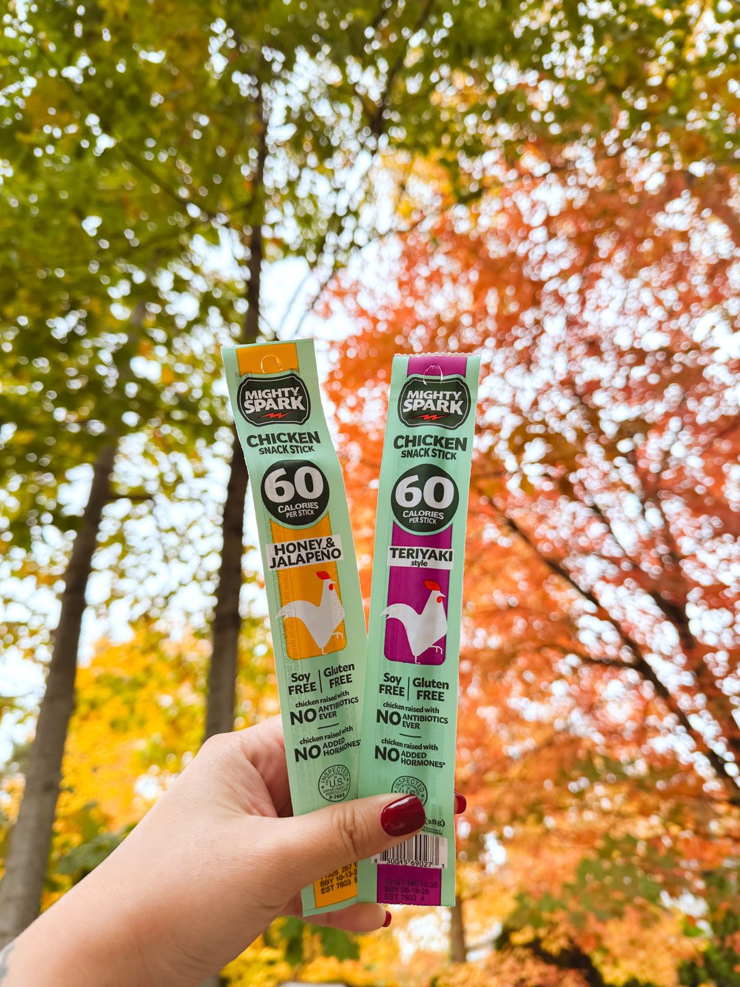 Hand holding two Mighty Spark chicken snack sticks (Honey & Jalapeño, Teriyaki) against autumn leaves.