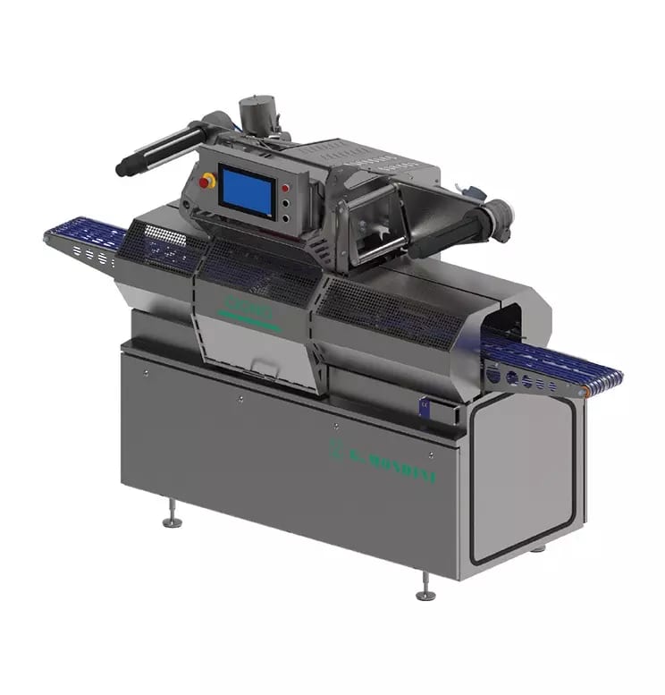 Stainless steel industrial machine with conveyor belts and a control screen.