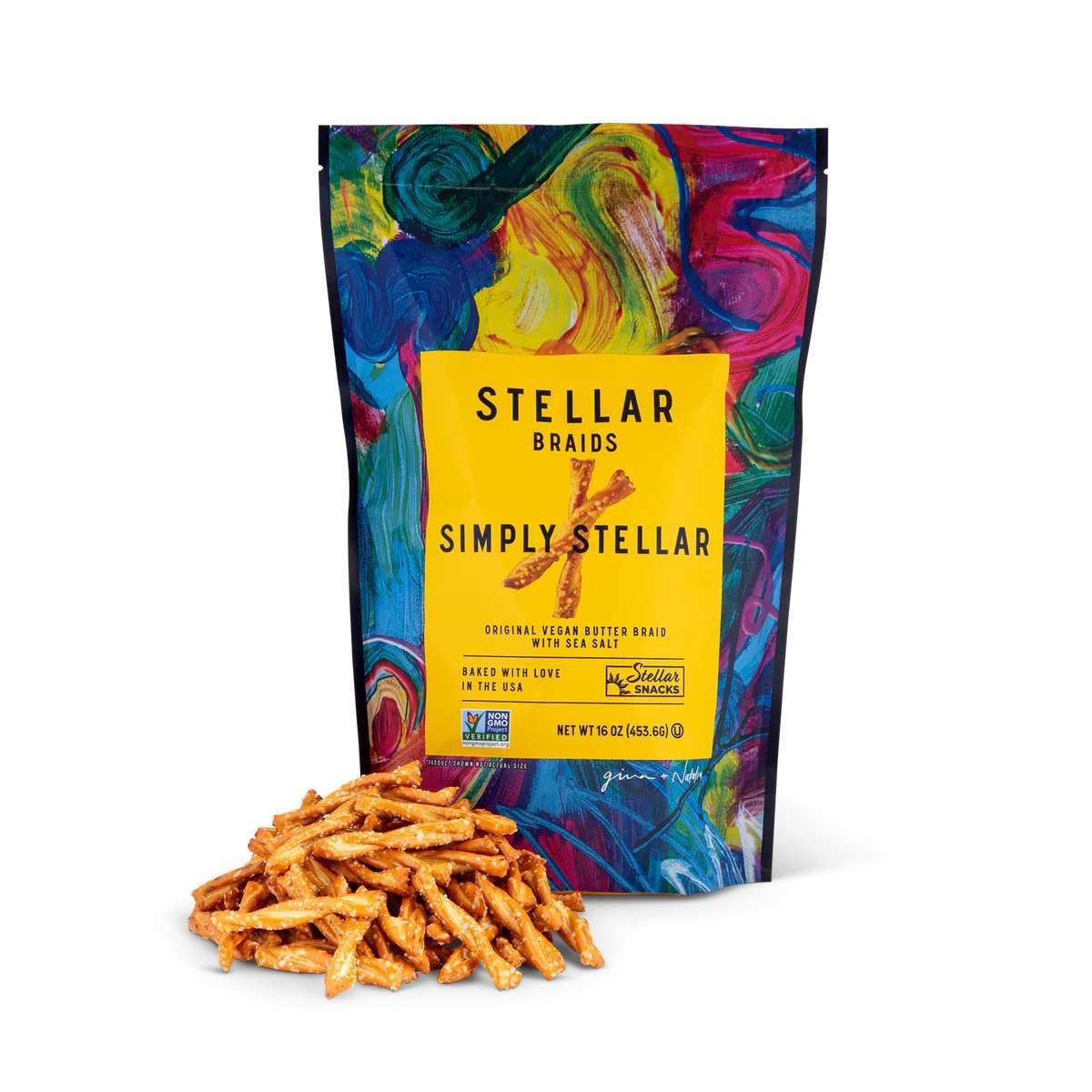Pretzels, Package, Product, Pouch, Artistic pattern, Font, Text, Yellow, Blue, Magenta