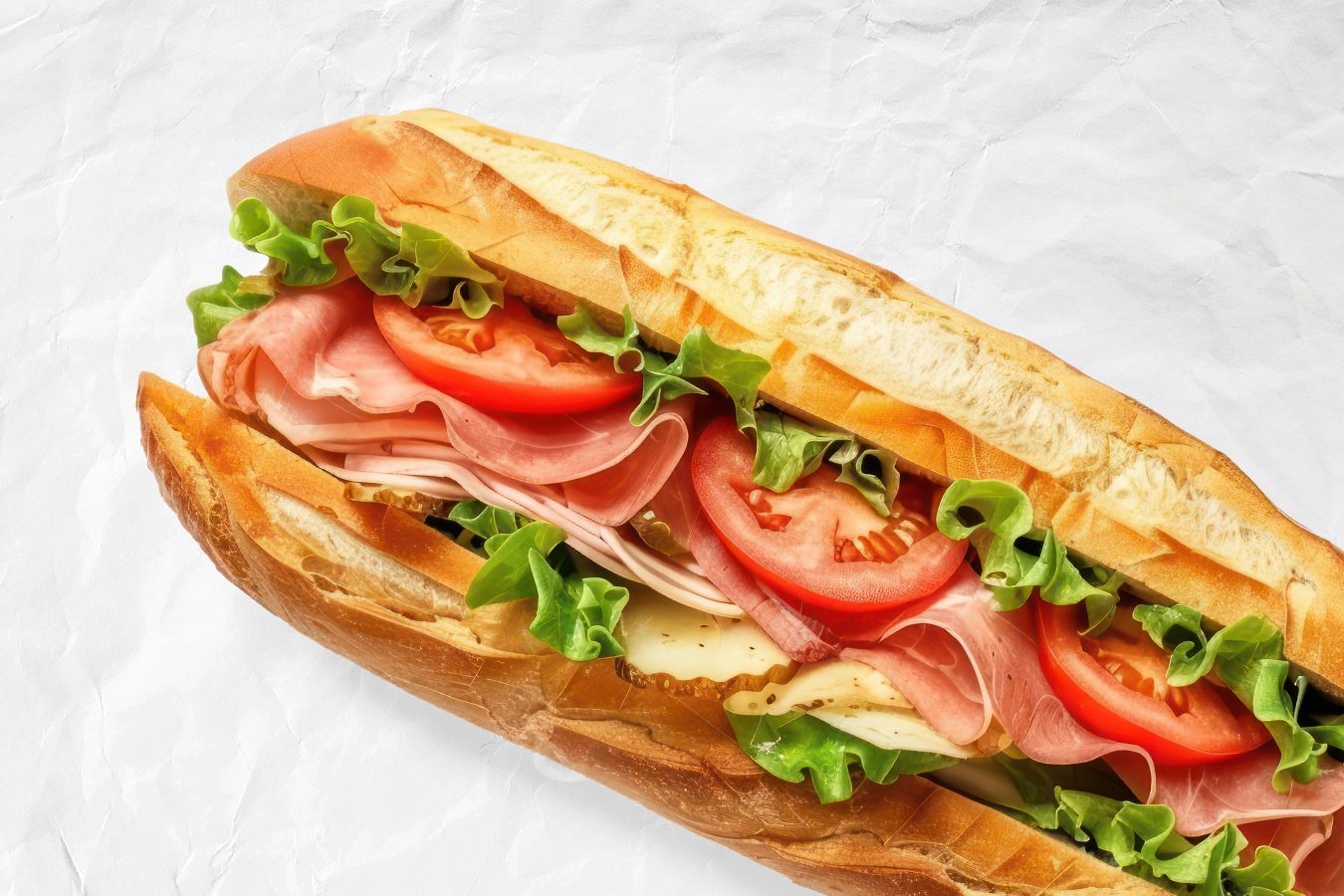 Sub sandwich with ham, lettuce, tomato, cheese, and pickles on crumpled white paper.
