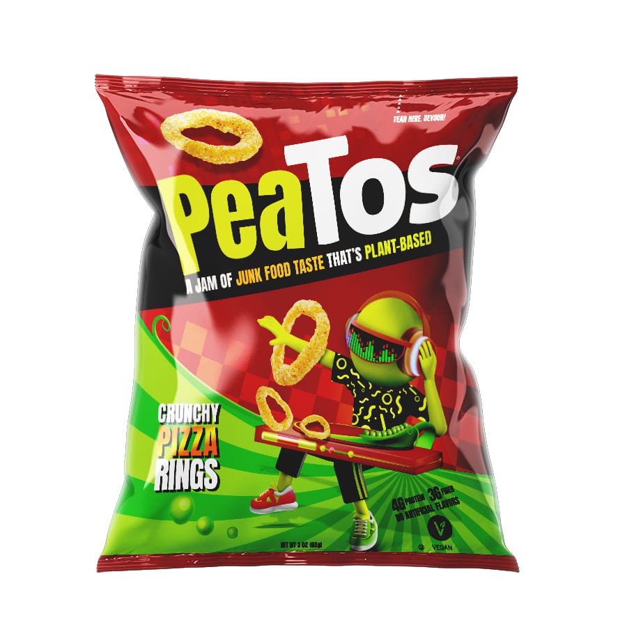 Crunchy snacks, Bag, Pizza rings, Puffed snack, Lime green, Red