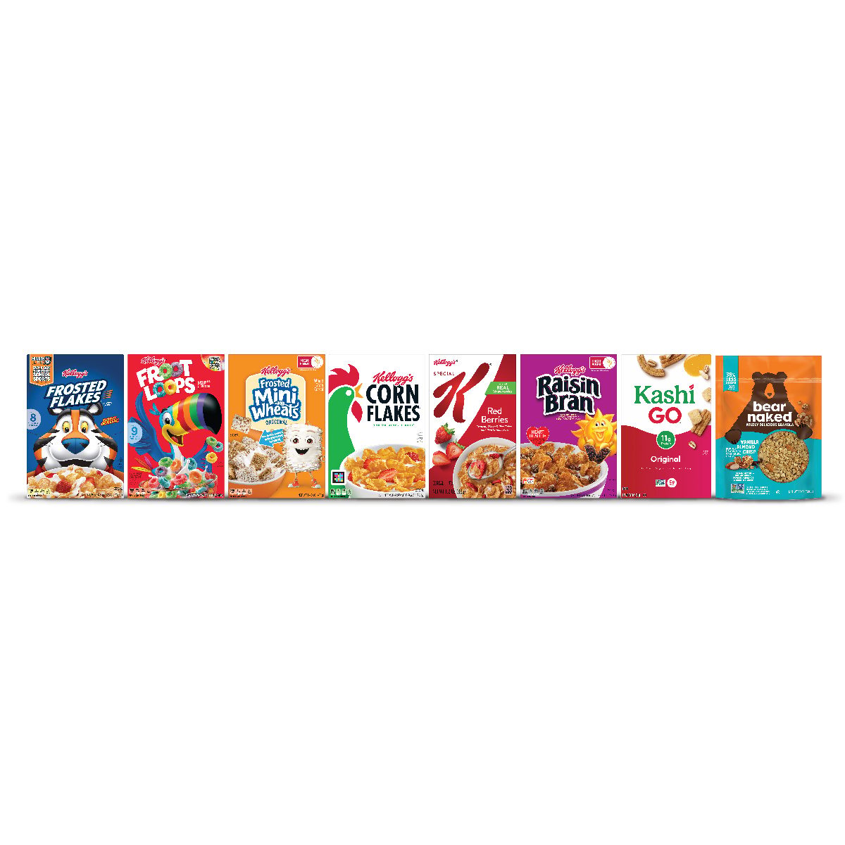 An assortment of Kellogg's, Kashi, and Bear Naked breakfast cereals and granola.