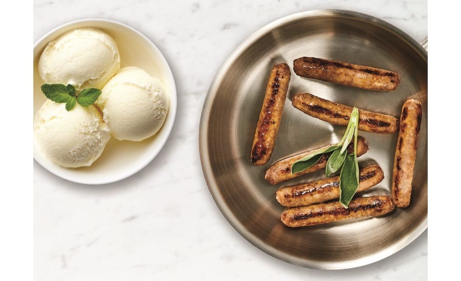 Marble countertop, Metal pan, Sausages, Garnish, Plate, Vanilla ice cream