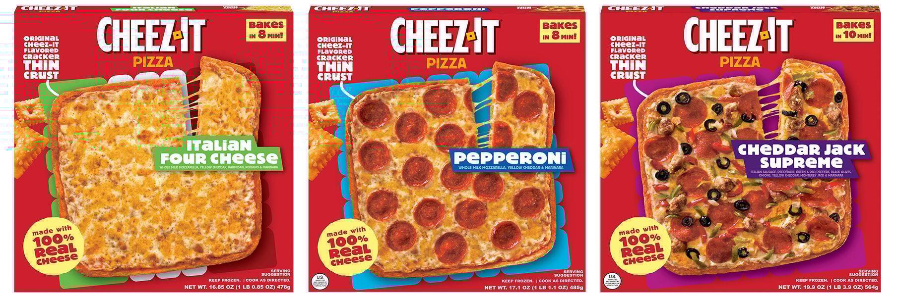 Cheez-It Pizza in three varieties—Italian four cheese, Pepperoni, and Cheddar Jack Supreme—all in red boxes