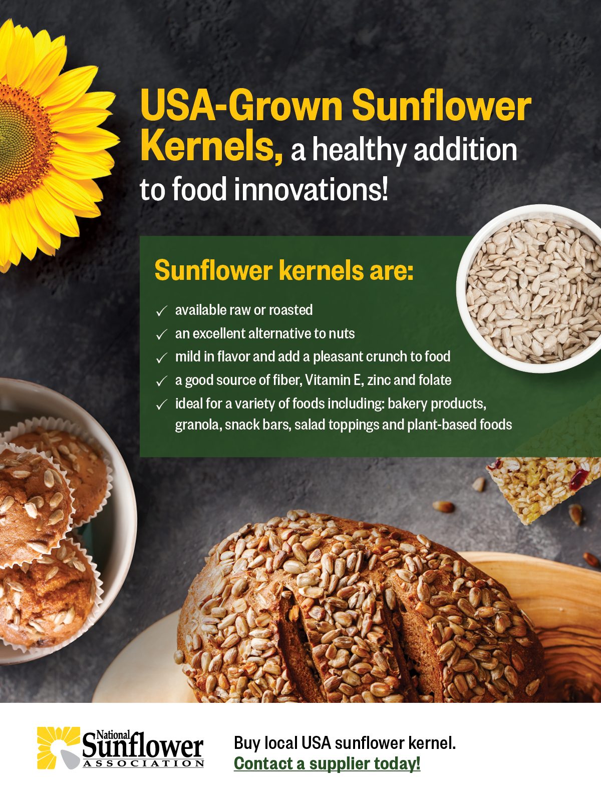 Full page ad, Baked goods, Rustic, Sunflower, Bowl of kernels, Text