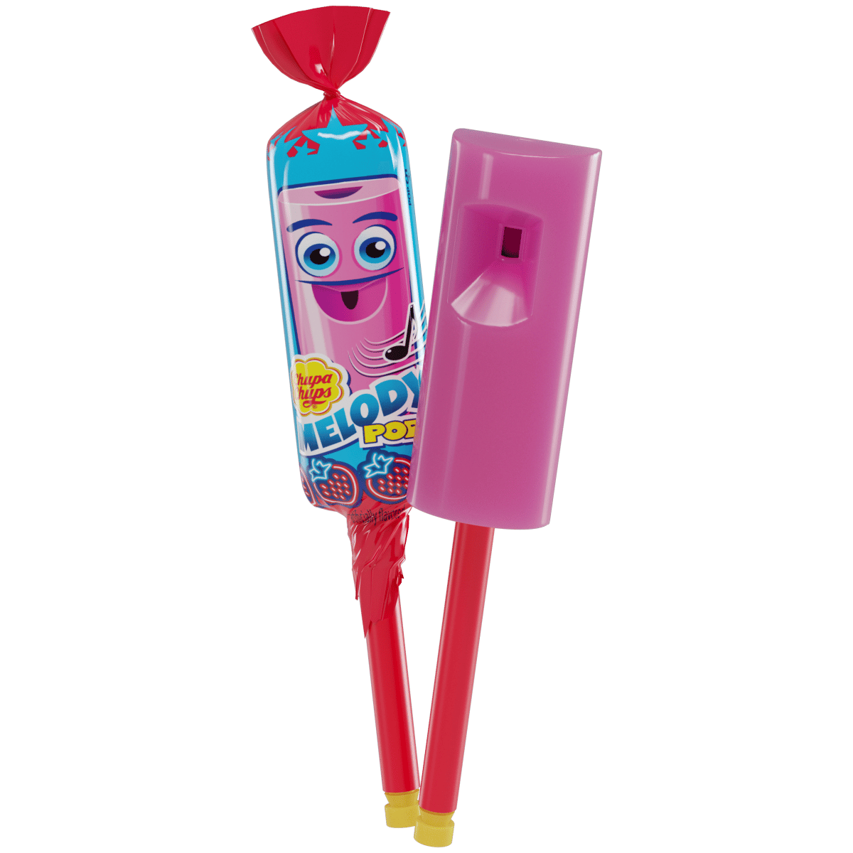 Chupa Chups Melody Pops in red, blue, and purple packaging.