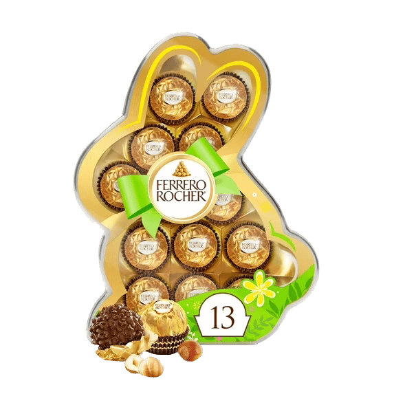 Ferrero Rocher bunny-shaped box with 13 chocolates, hazelnuts, and an unwrapped chocolate.