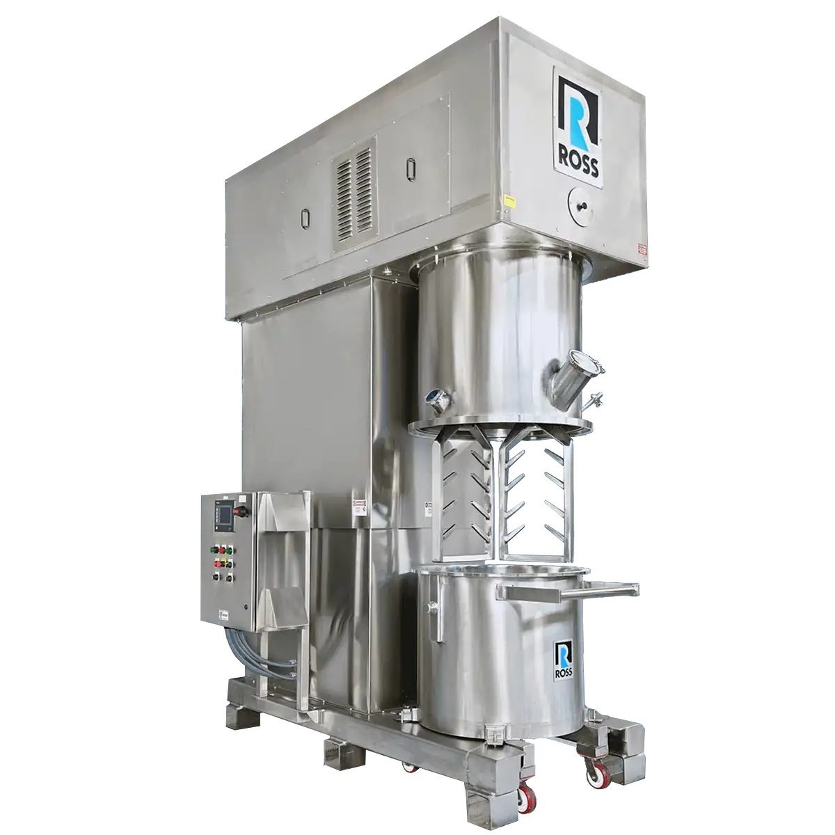 Stainless steel ROSS industrial mixer with visible agitator and control panel.