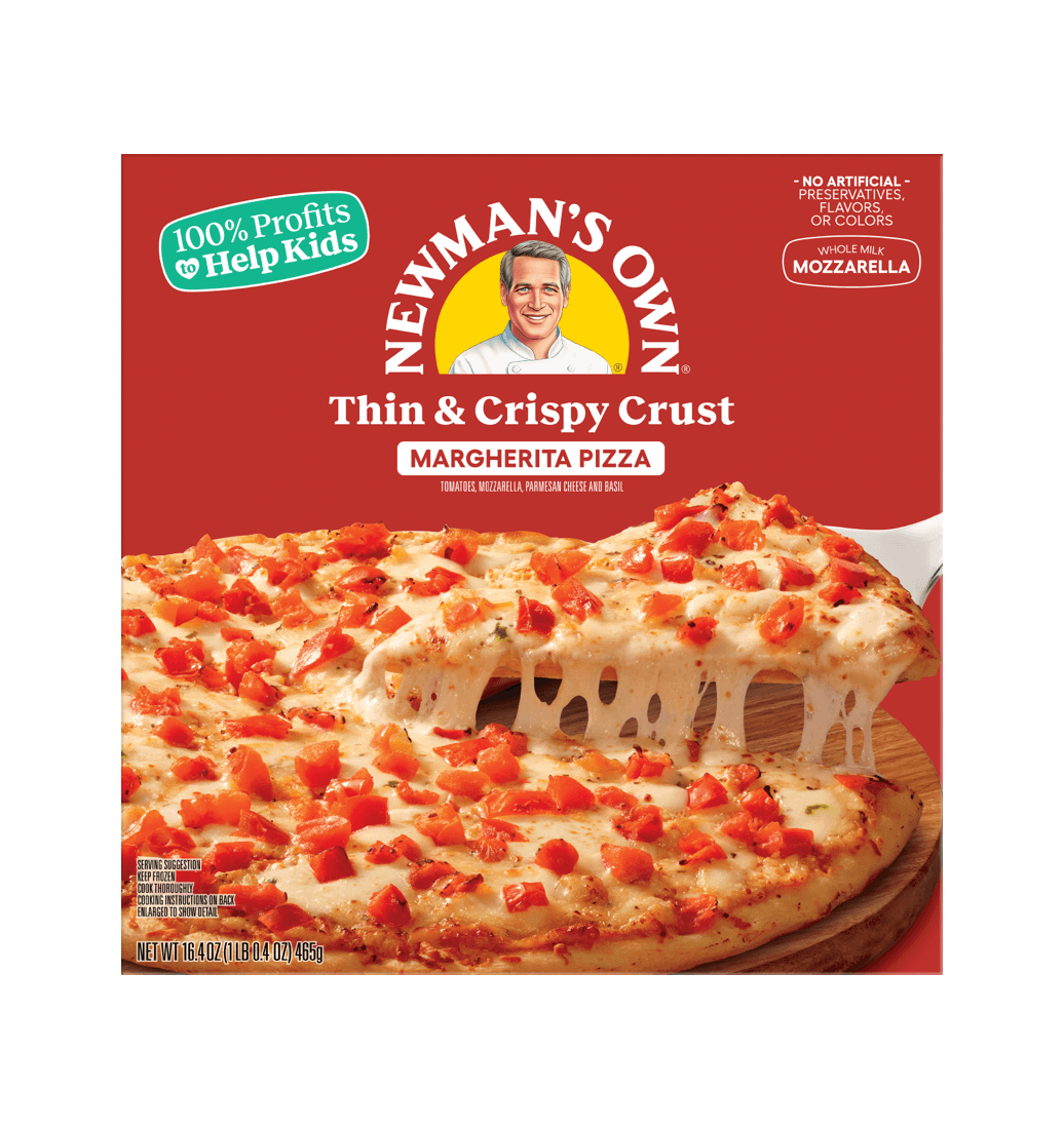 Newman's Own Thin & Crispy Crust Margherita Pizza. A slice is lifted; 100% profits help kids.