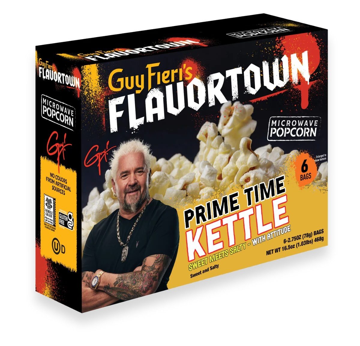 Guy Fieri's Flavortown Microwave Popcorn, Prime Time Kettle flavor, featuring Guy Fieri and popcorn.