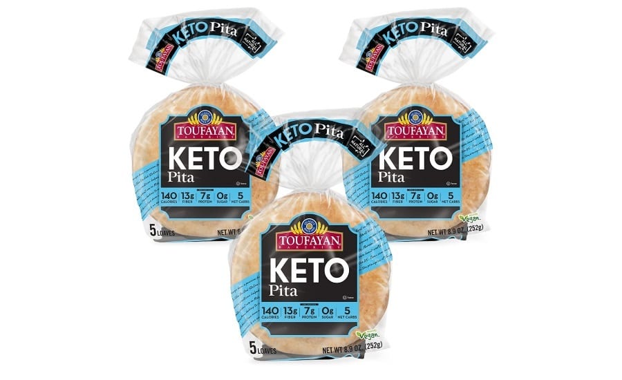 Three packages, Keto Pita, Bread, Plastic bags, Logos, Black, Light blue, Font