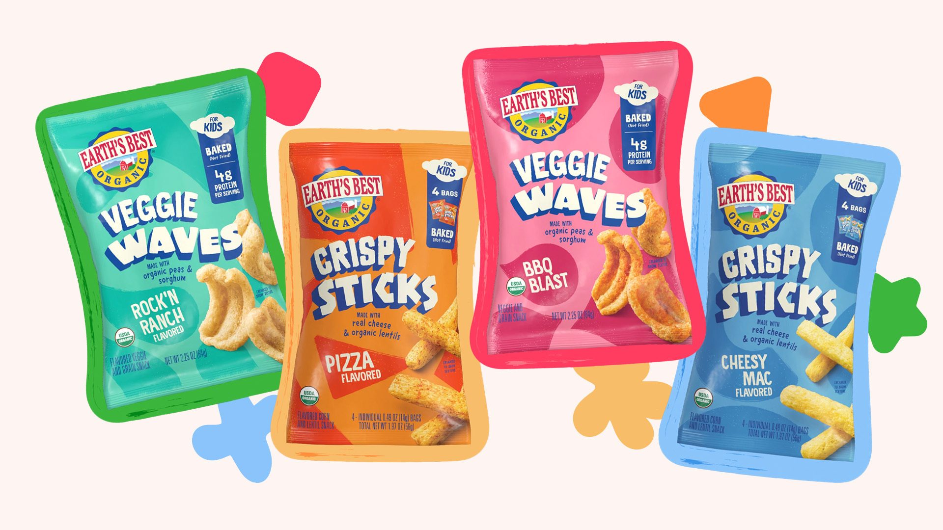 Four Earth's Best Organic kids snacks: Veggie Waves (Rock'n Ranch, BBQ Blast), Crispy Sticks (Pizza, Cheesy Mac).