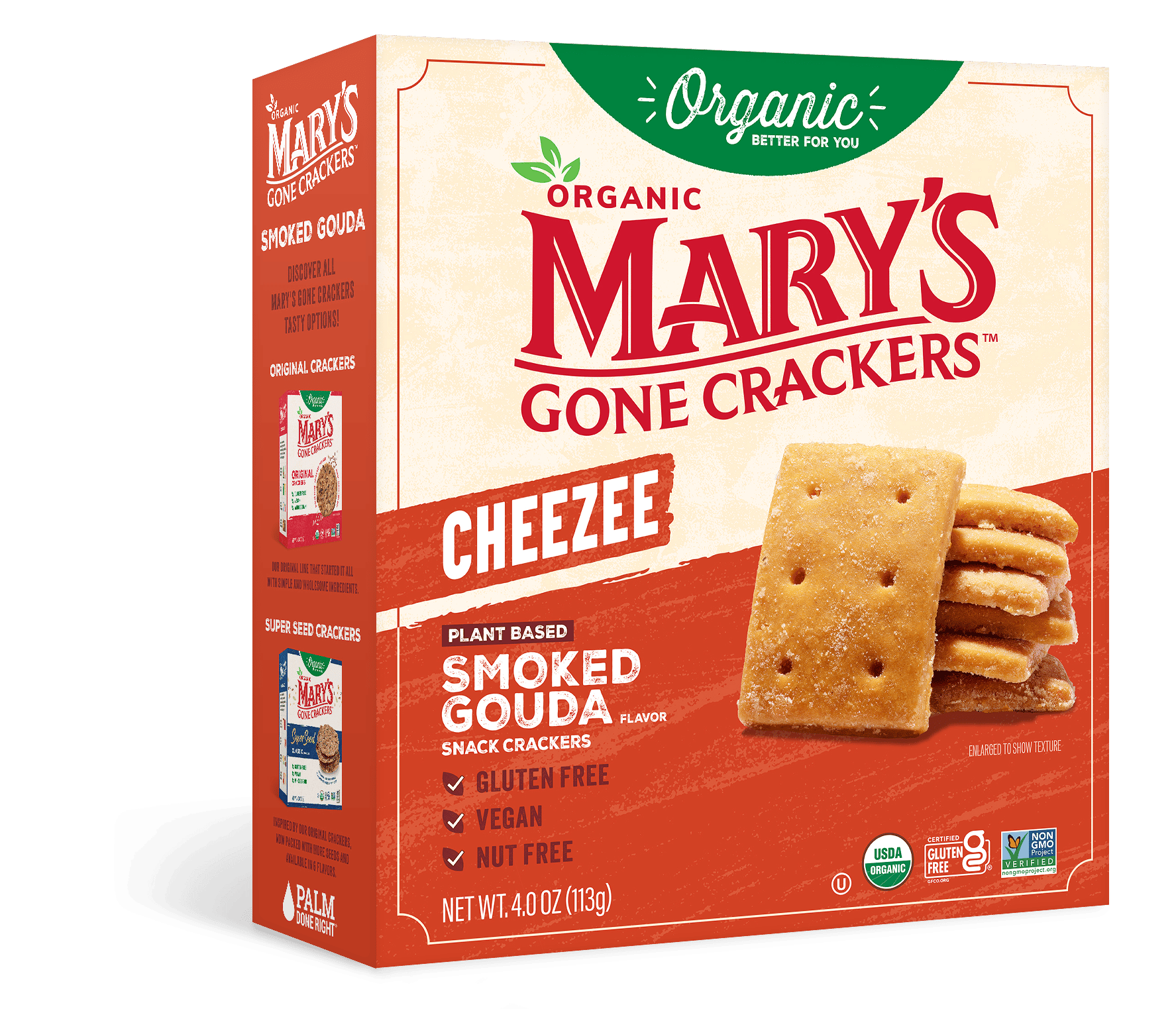 Mary’s Gone Crackers new Smoked Gouda flavor, in beige and red packaging