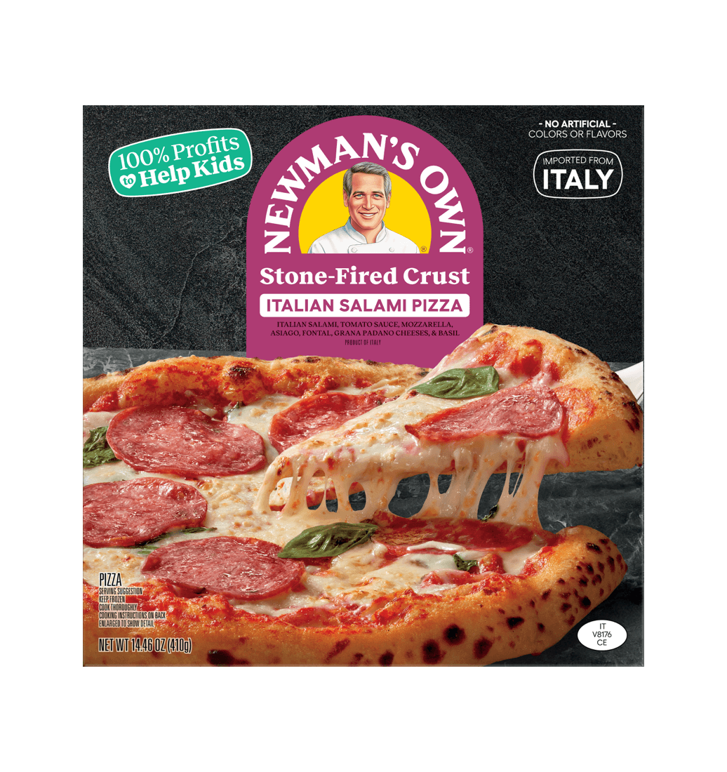 Newman's Own Italian Salami Pizza box, stone-fired, with cheese pull. Profits help kids.