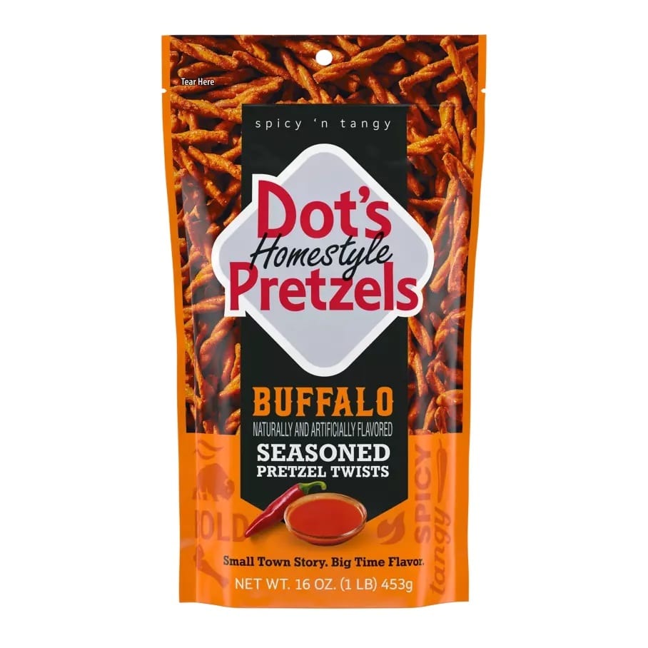 An orange bag of Dot's Homestyle Buffalo Seasoned Pretzel Twists with red and white branding.