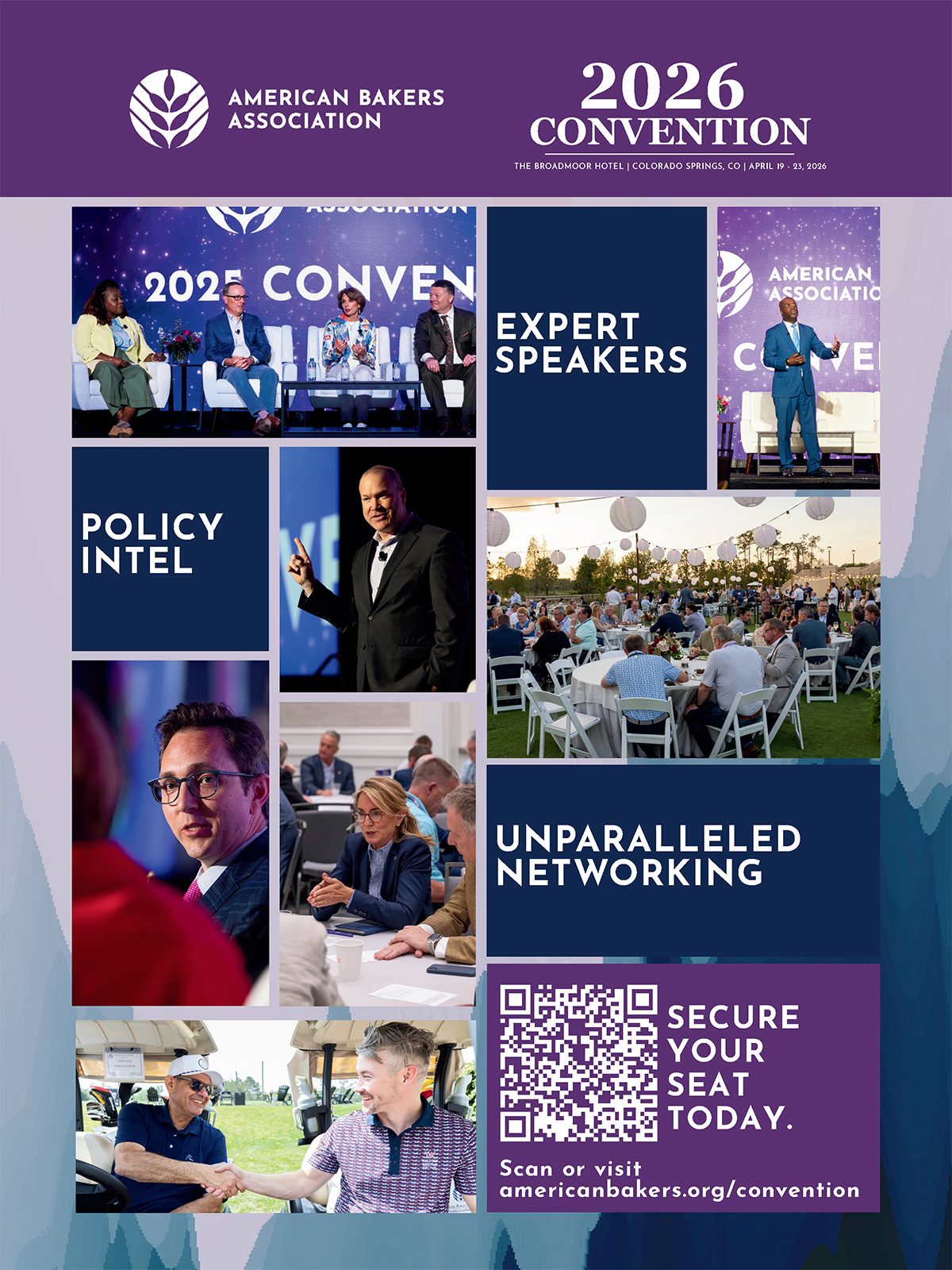 ABA 2026 Convention poster: speakers, networking, policy intel, and QR for registration.