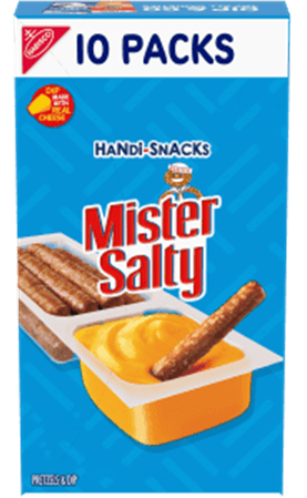 carton of Mister Salty Handi-Snacks pretzel and dip packs