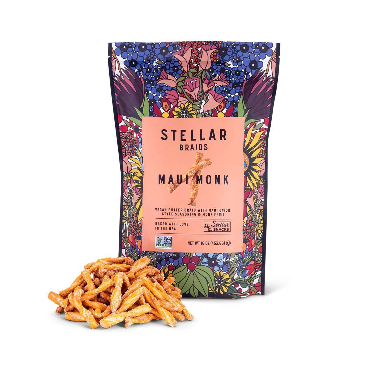 Pretzels, Package, Product, Pouch, Floral pattern, Font, Text, Pink