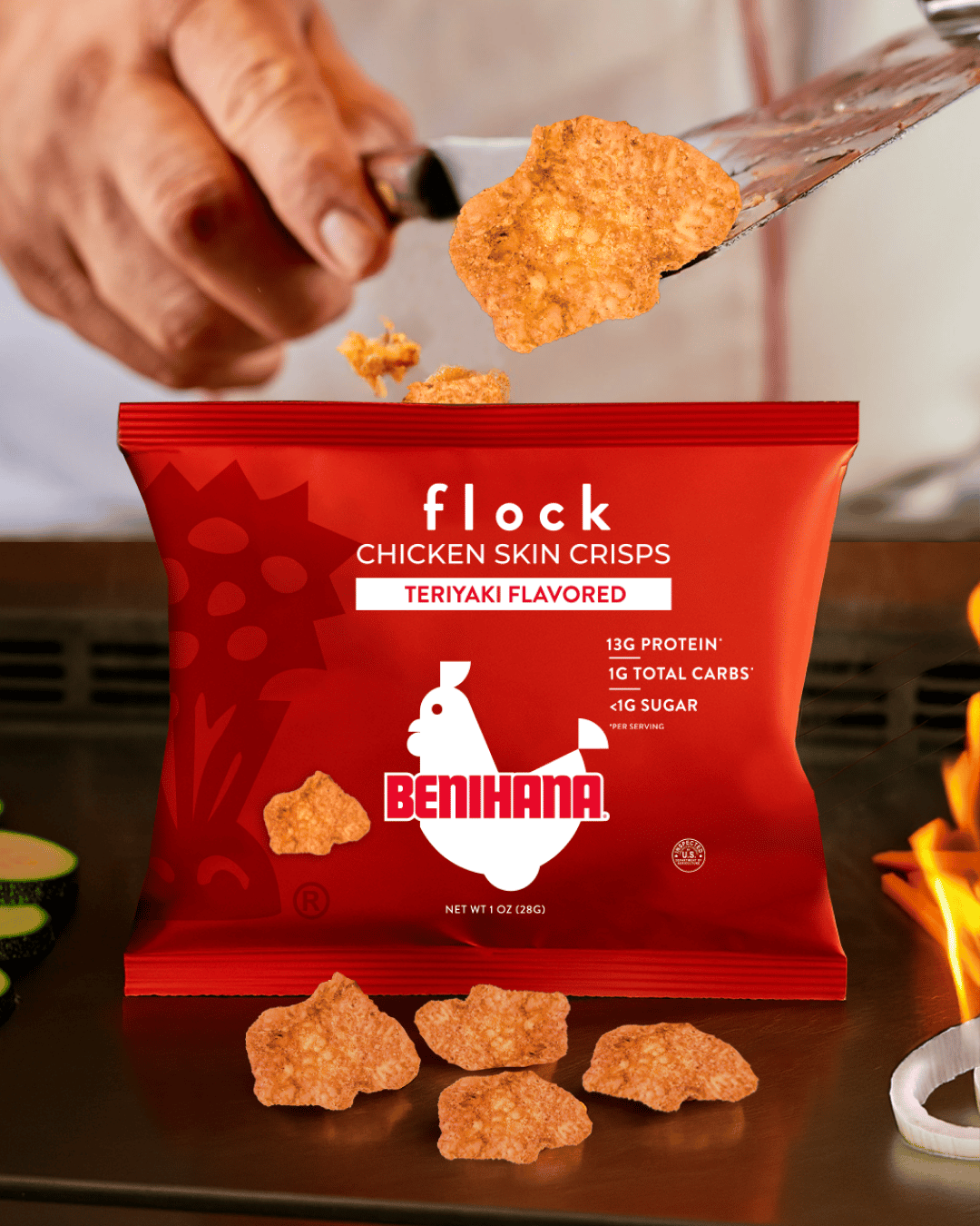 Red Benihana Flock Teriyaki Chicken Skin Crisps bag, with crisps being served on a grill.