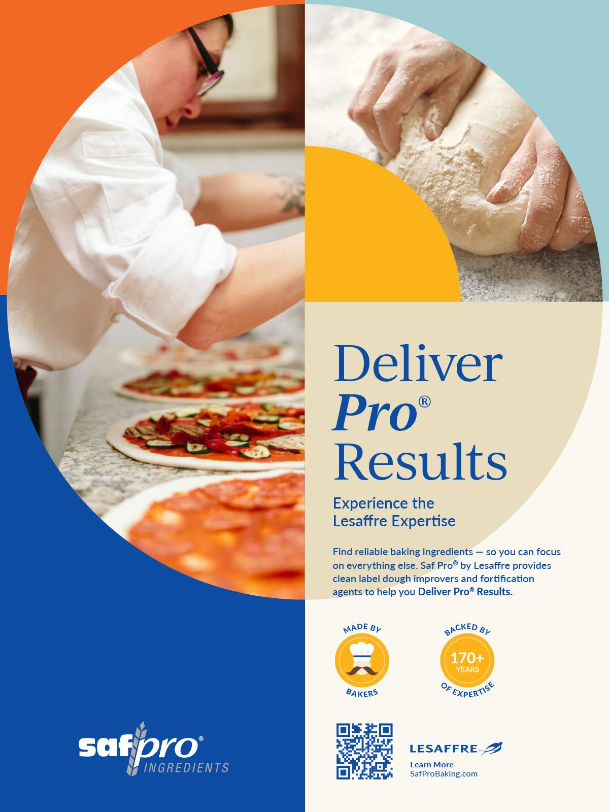 Baker preparing pizzas and hands kneading dough, promoting Saf Pro baking ingredients for professional results.