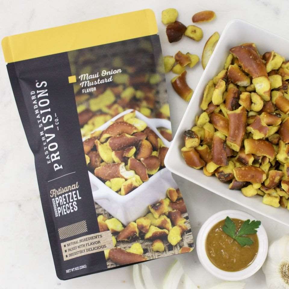 Pretzels, Package, Product, Pouch, Black, Yellow, Font, Text, White ceramic bowls, Garlic